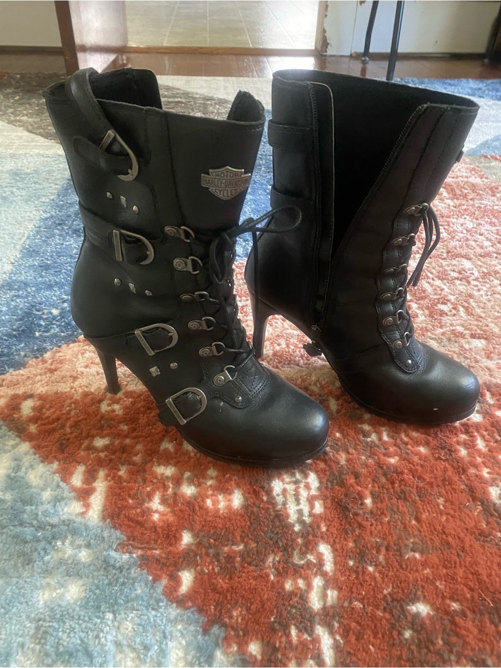 Harley-Davidson Black Lace-Up Buckle High-Heel Ankle Boots